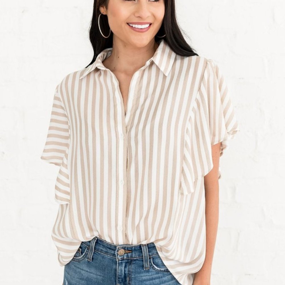 NWT Rachel Parcell Tan White Striped Weekender Top